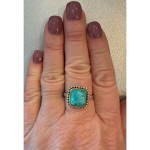 Blue Mojave Turquoise 925 Sterling Silver Brass Beaded Ring Size 10 Cushion Cab
